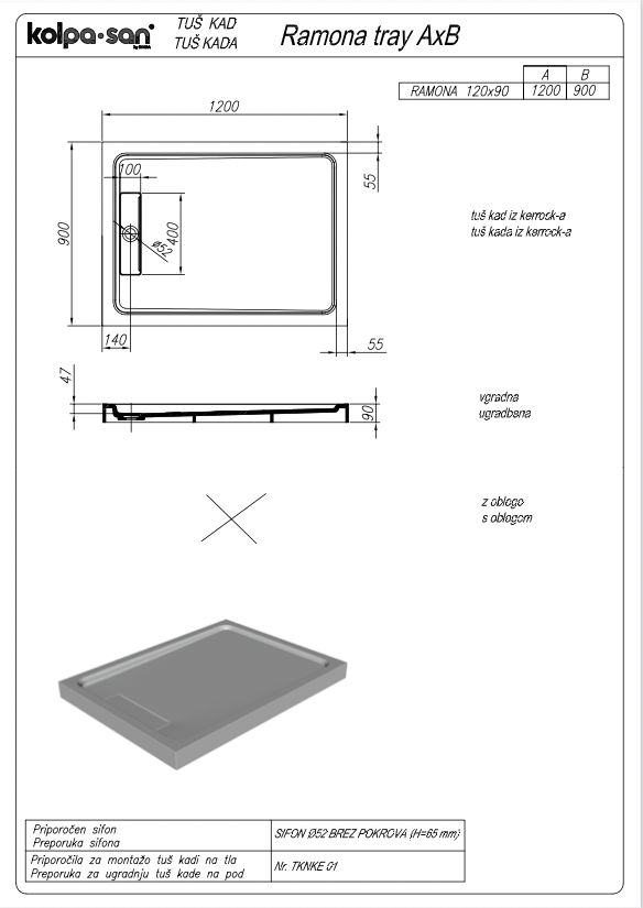 Душ корито Ramona Tray 120х90 - Shop -  AVE Ceramica