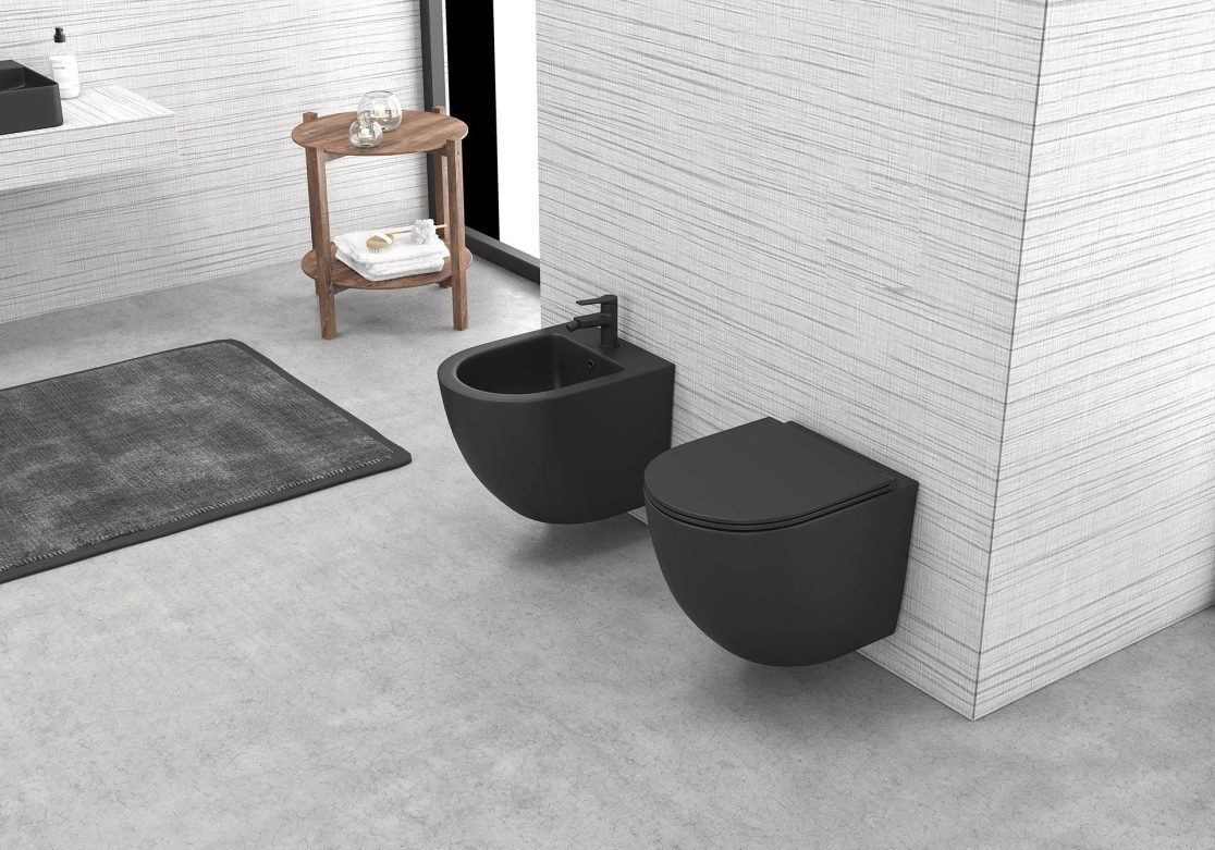 Пакетно предложение окачена тоалетна Milos Mini Black Matt със структура за вграждане Tece - AVE Ceramica