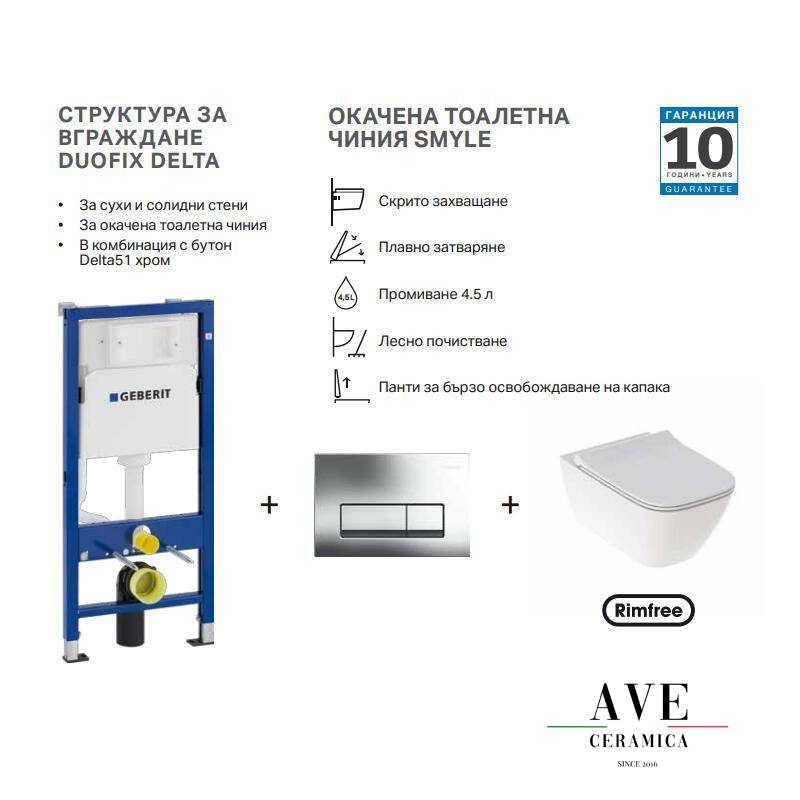 Пакетно предложение окачена тоалетна чиния SMYLE с DUOFIх DELTA50 GEBERIT - Промоции - AVE Ceramica